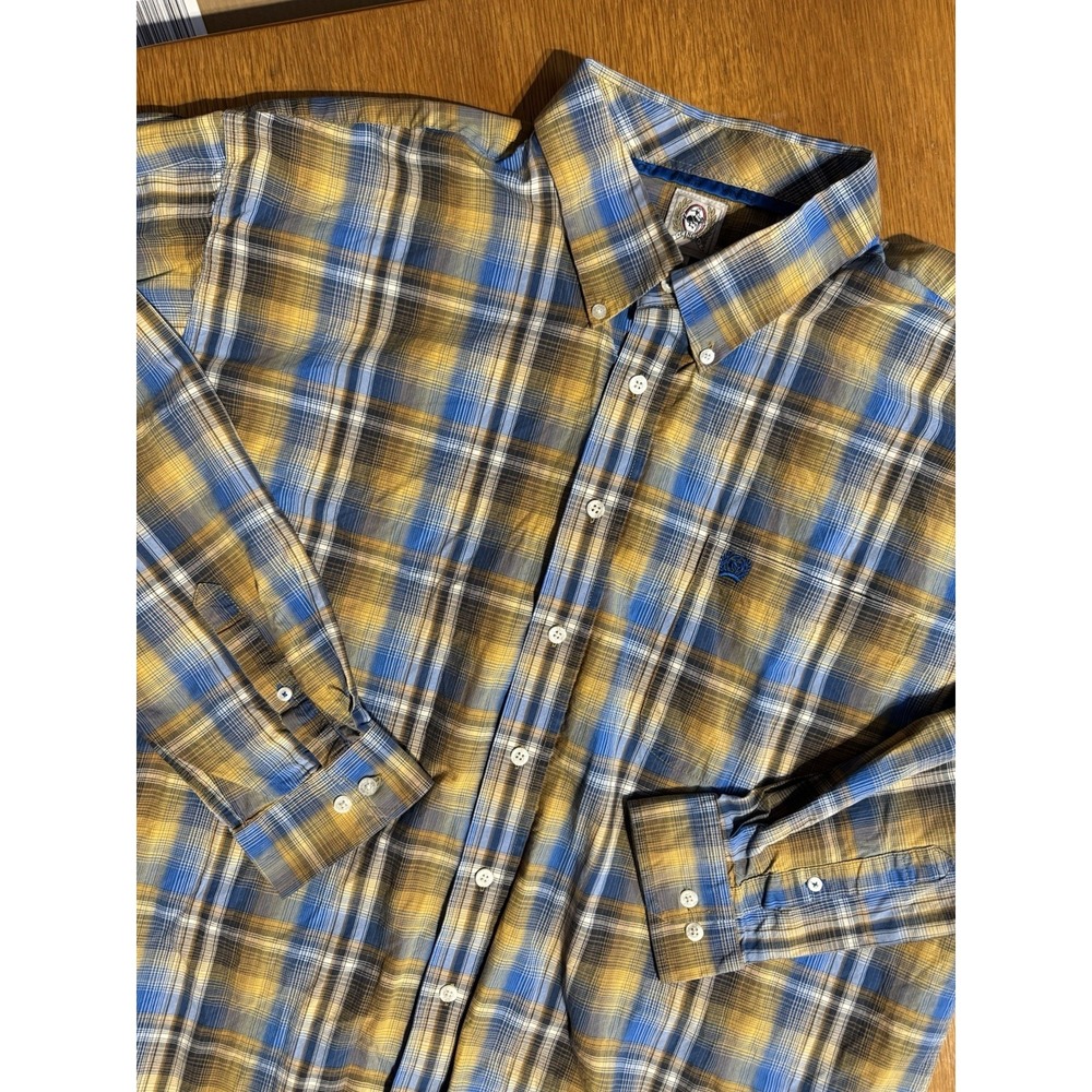 Cinch Western Shirt XXL Plaid Long Sleeve Button Down Blue Gold Crest Logo Rodeo